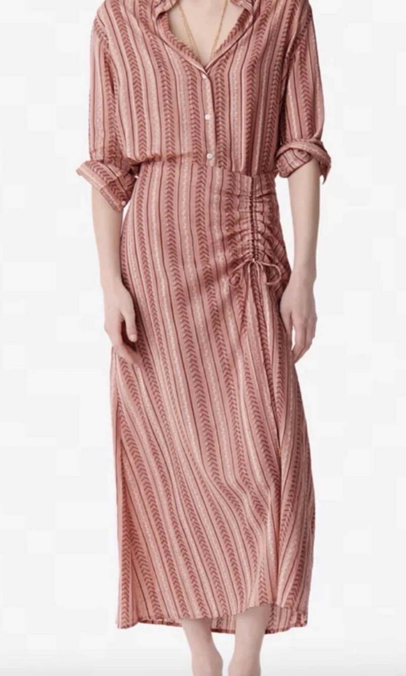 Vanessa Bruno Pink Striped Ruched Front Collared Split Maxi Dress Set